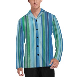 painted stripe in shades of blue and green Men's V-Neck Long Pajama Top