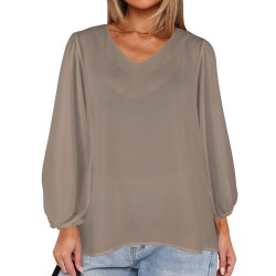 Coca Mocha Women's Loose V-Neck Long Puff Sleeve Top (Model H70)