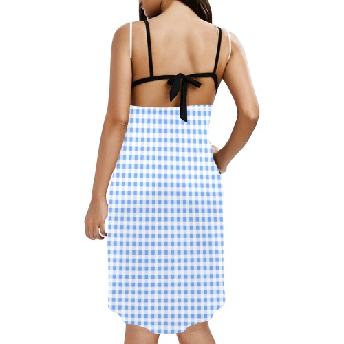 Sky Blue Gingham Spaghetti Strap Backless Beach Cover Up Dress (Model D65)