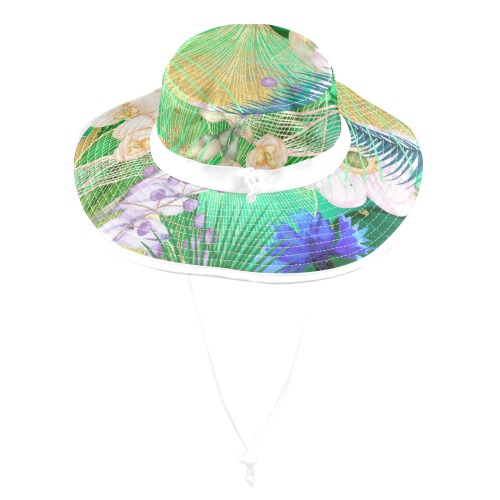 White Orchid Blue Ferns Safari Hat Wide Brim Bucket Hat