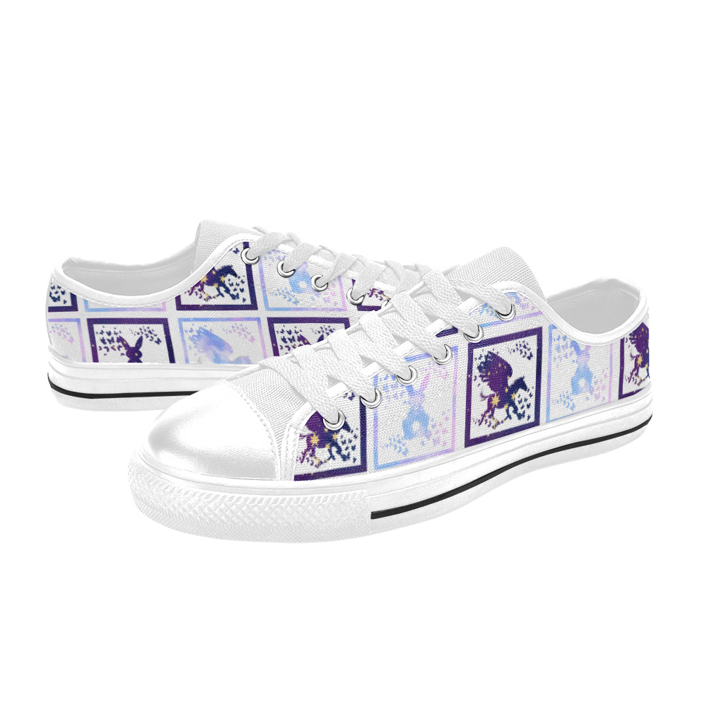 Bunny and Pegasus Together in Blue Patchwork Design Women's Classic Canvas Shoes (Model 018)