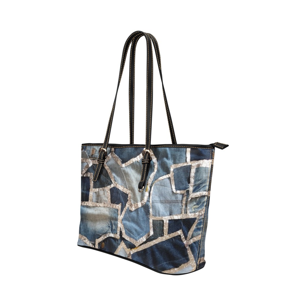denim patchwork Word Handbags Leather Tote Bag/Large (Model 1651)