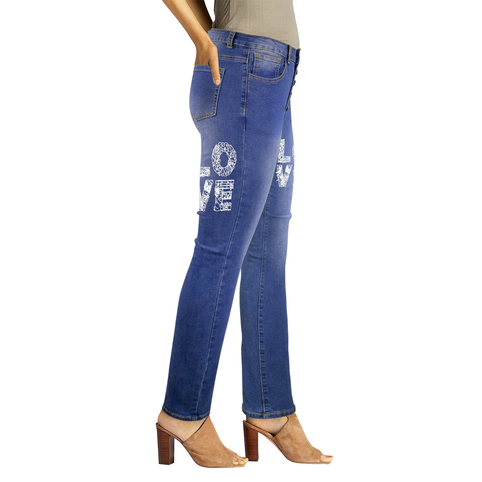 White word LOVE in Japanese-styled decorative font Women's Jeans (Front&Back Printing)