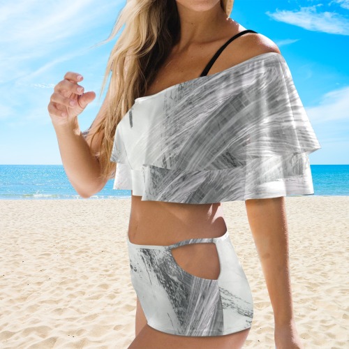 White Marble Women's Ruffle Off Shoulder Bikini Swimsuit (Model S45)