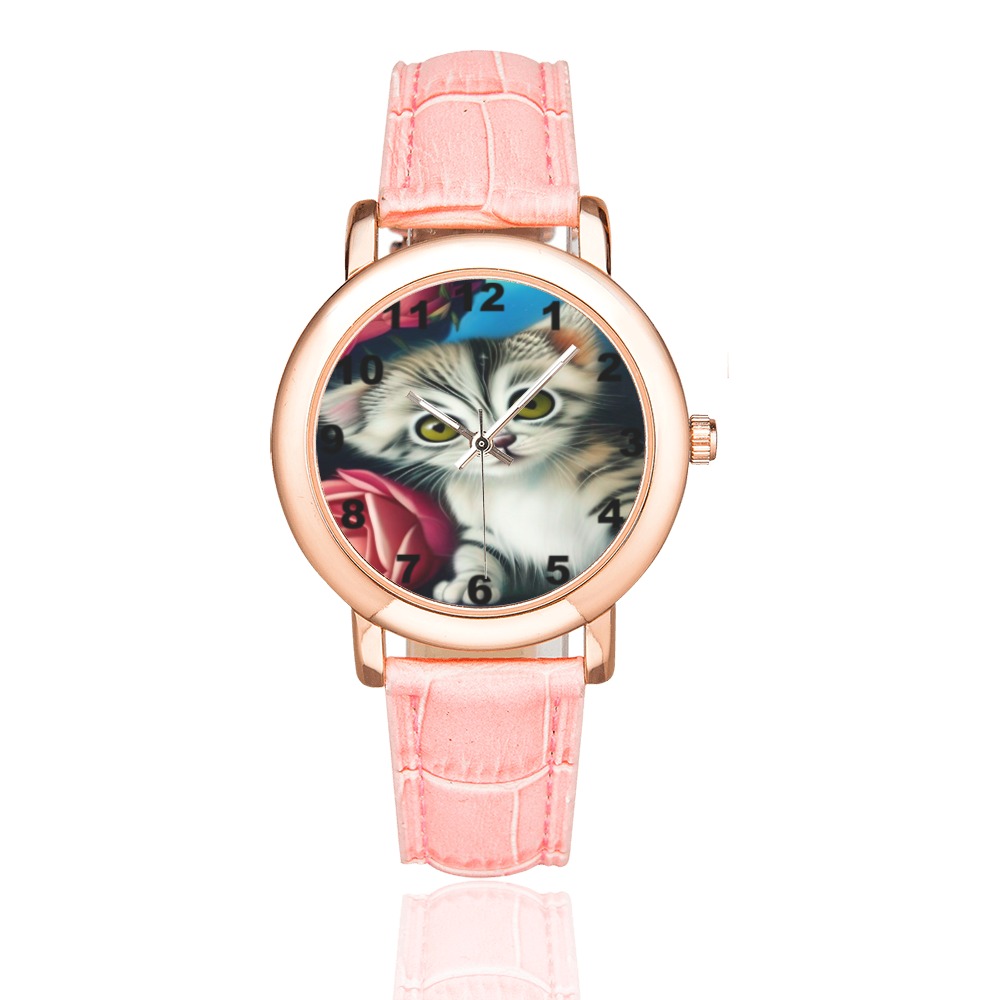 Cute Kittens 7 Women's Rose Gold Leather Strap Watch(Model 201)