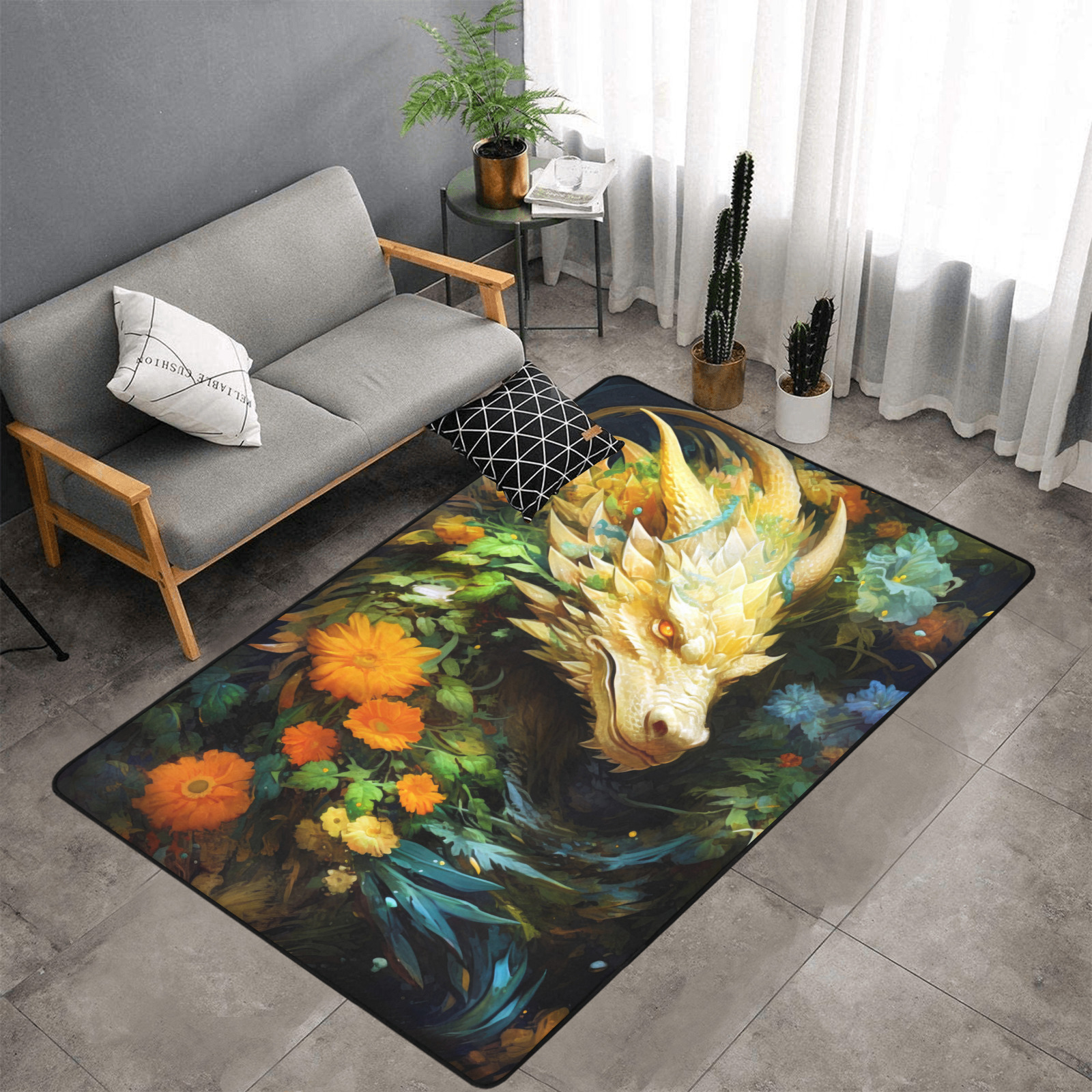 Dragon world area rug Area Rug with Black Binding 7'x5'