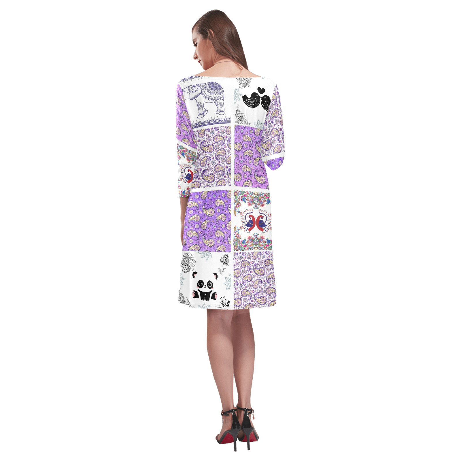 Purple Paisley Birds and Animals Patchwork Design Rhea Loose Round Neck Dress(Model D22)
