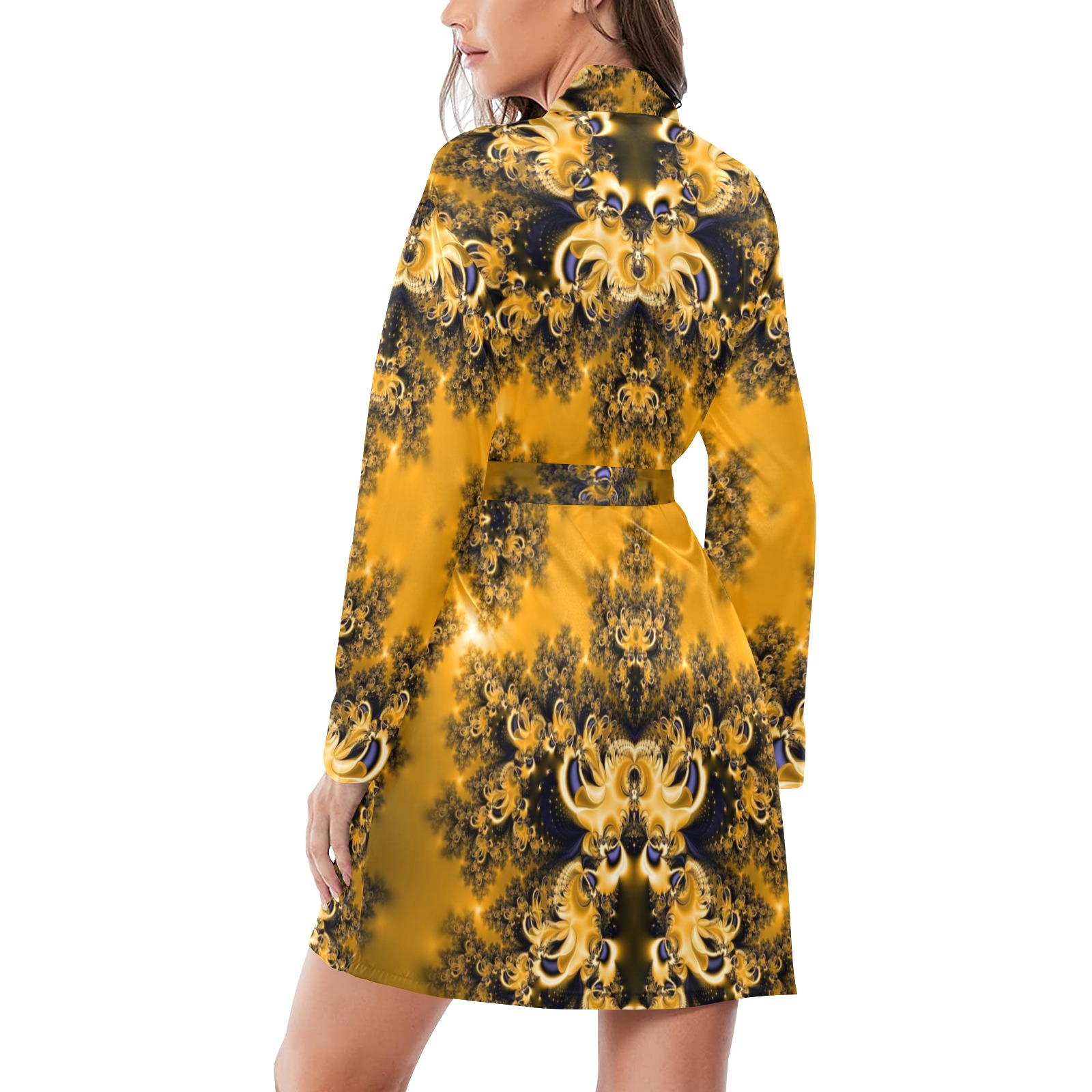 Golden Sun through the Trees Frost Fractal Women's Long Sleeve Belted Night Robe