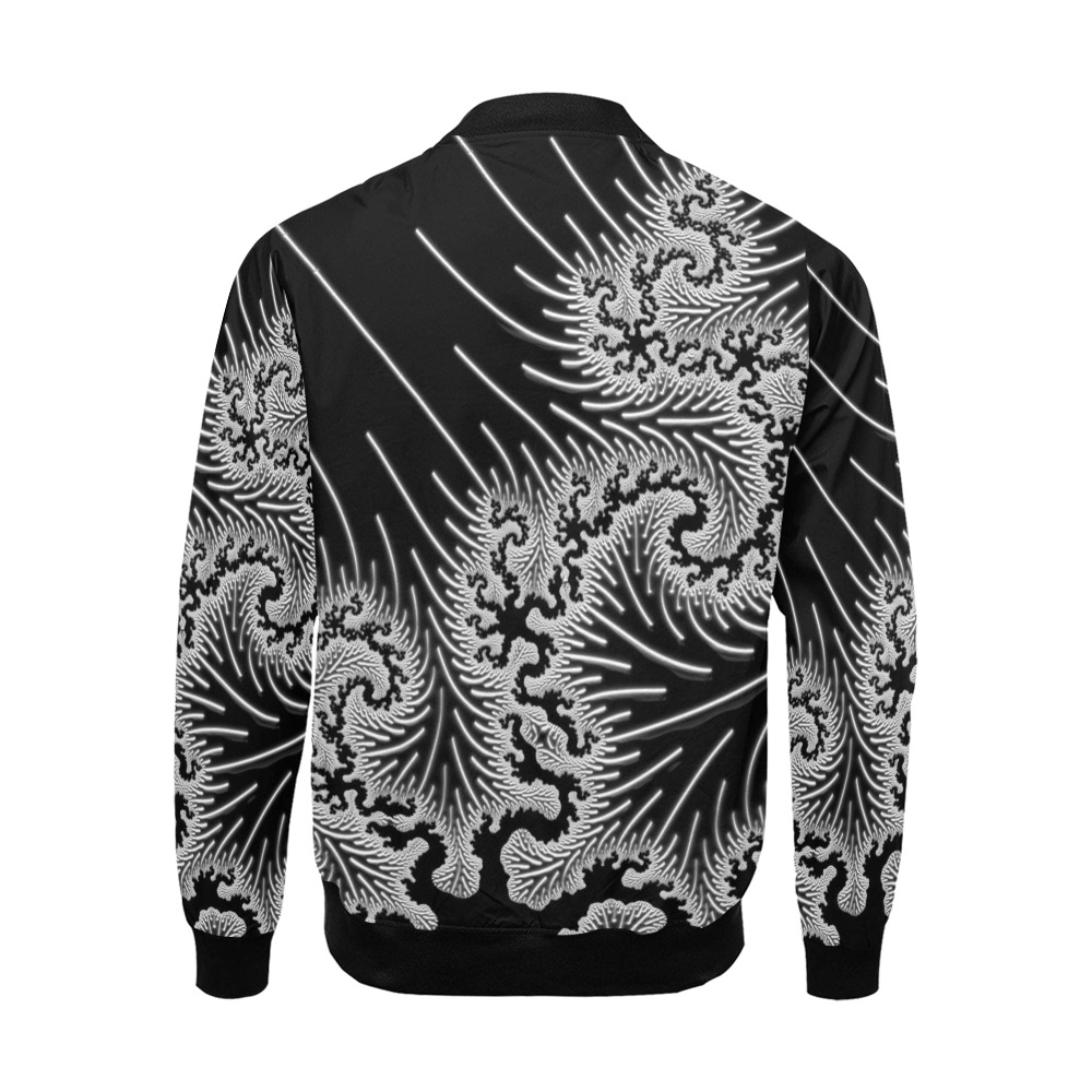 White and Silver Lace on Black Fractal Abstract All Over Print Bomber Jacket for Men (Model H19)