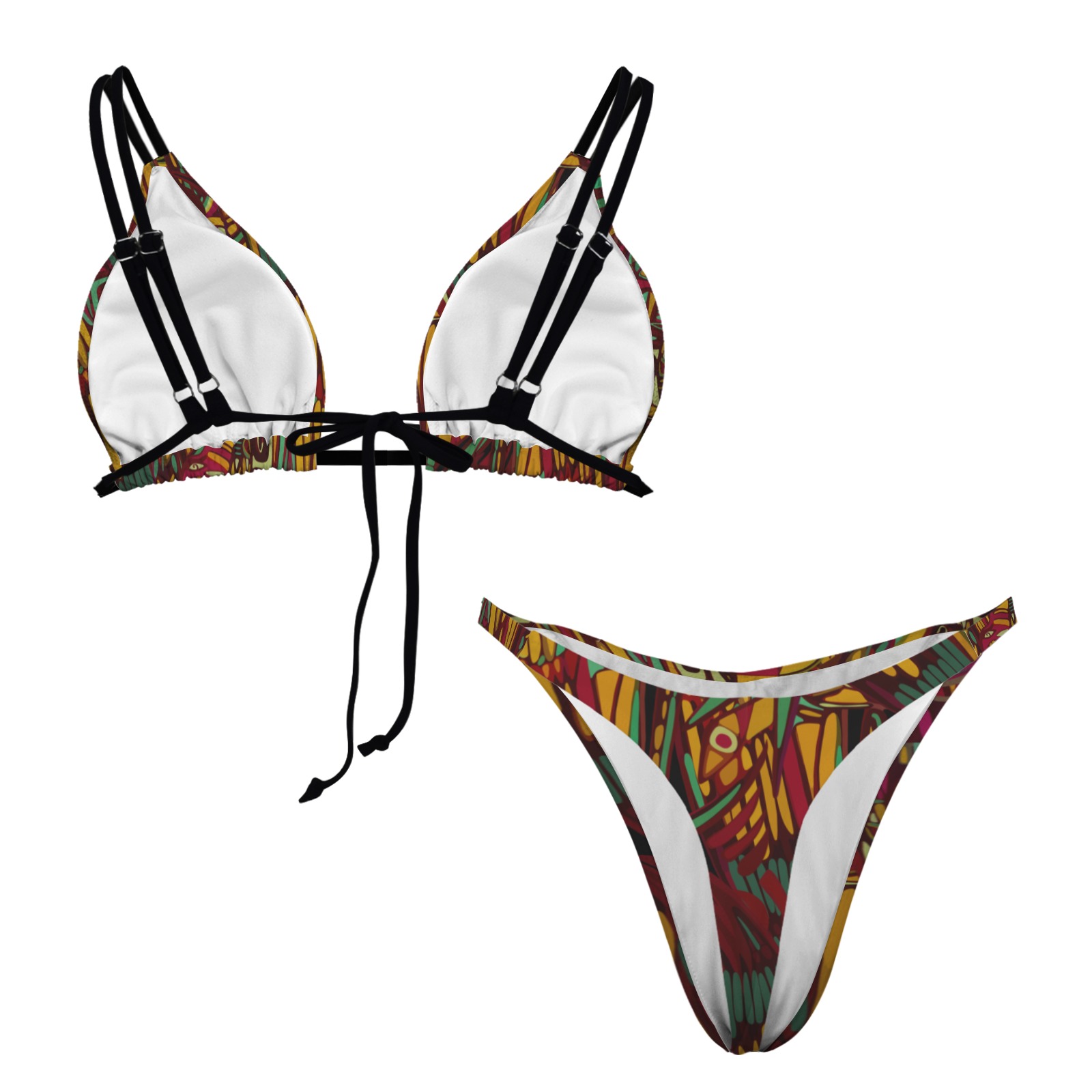 tropical cyan burgundy mustard Women's String Bikini Set | ID: D7419982