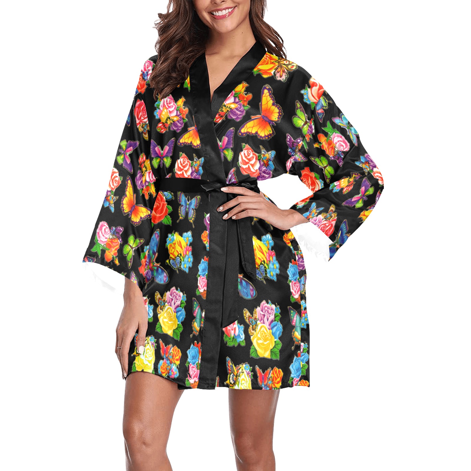 Beautiful Butterflies I on a Black Field Long Sleeve Kimono Robe