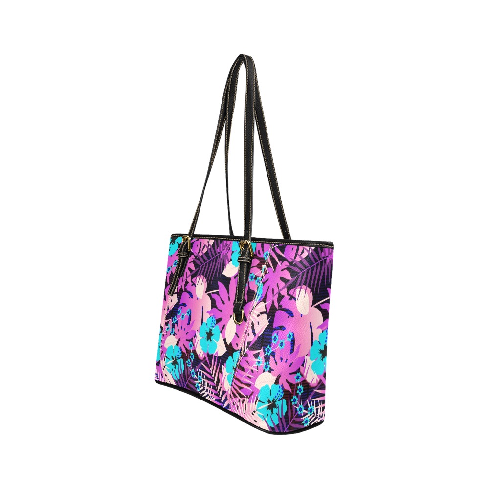 GROOVY FUNK THING FLORAL PURPLE Leather Tote Bag/Small (Model 1640)