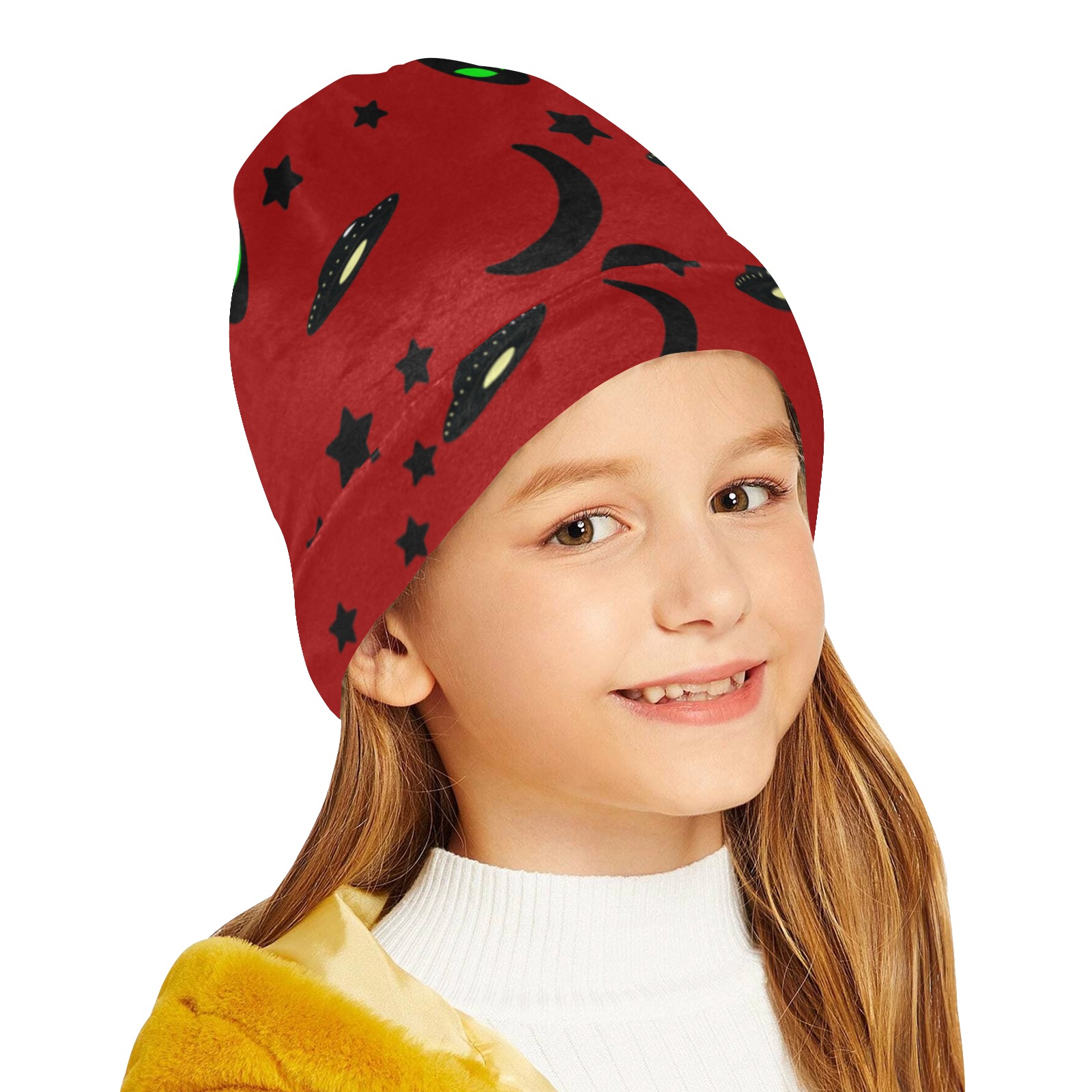 Aliens and Spaceships - Red All Over Print Beanie for Kids