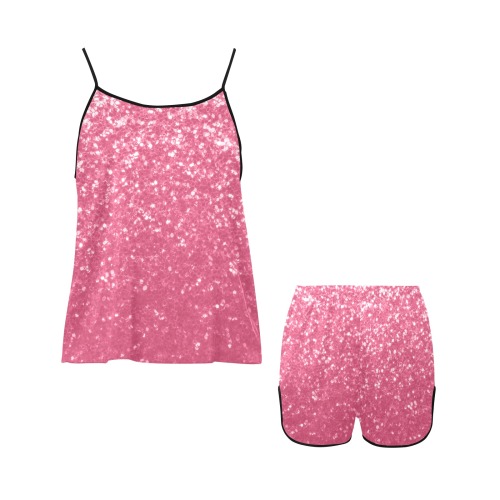 Magenta light pink red faux sparkles glitter Women's Spaghetti Strap Short Pajama Set