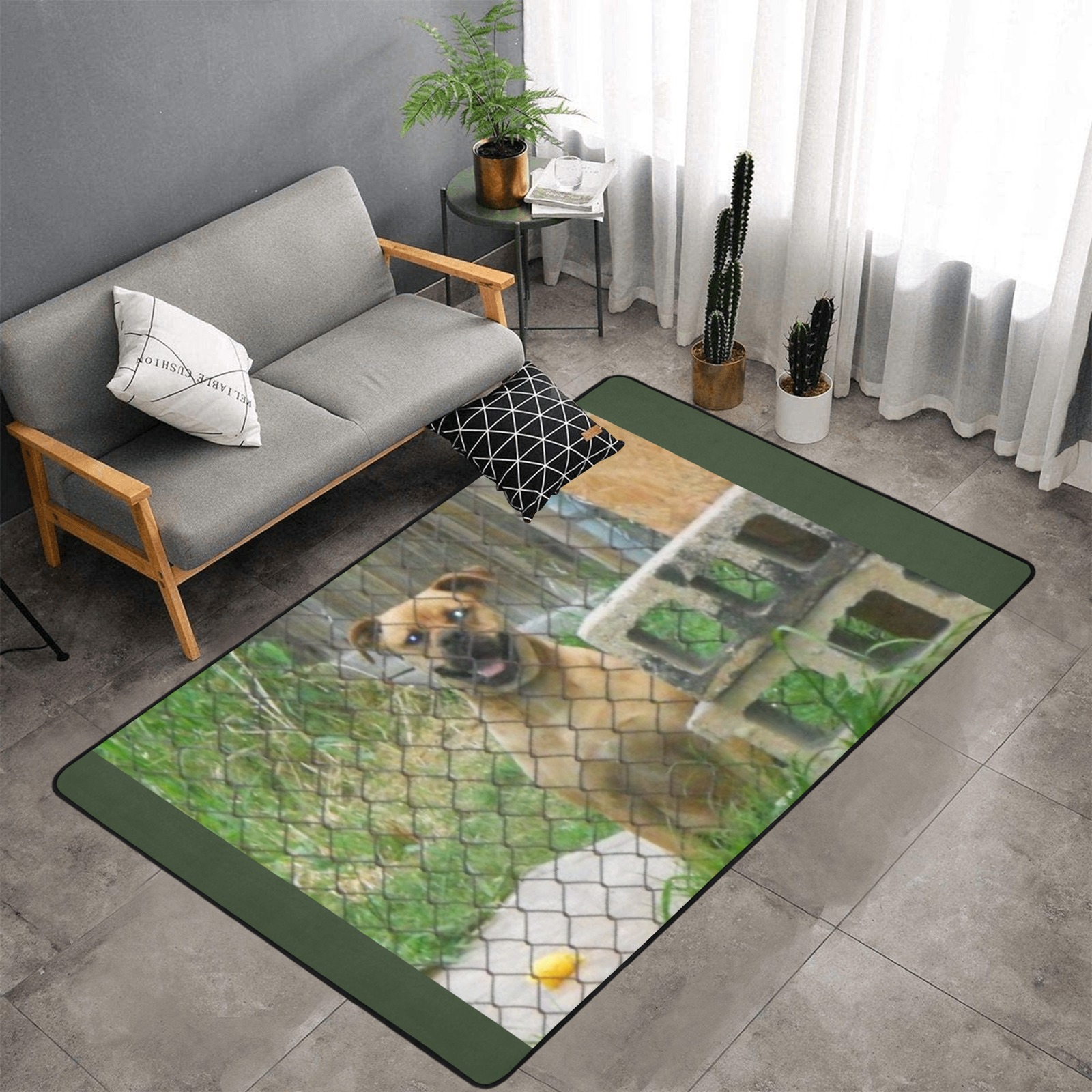 A Smiling Dog Area Rug with Black Binding 7'x5'