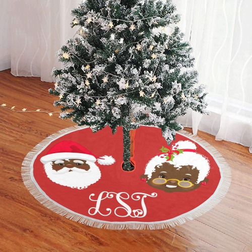 Mr and Mrs Claus tree skirt- LST family Thick Fringe Christmas Tree Skirt 48"x48"