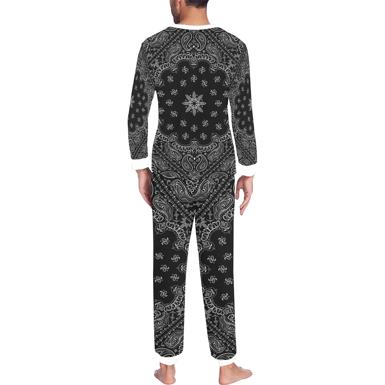 Black  Bandanna Pattern / White Cuff Men's All Over Print Pajama Set