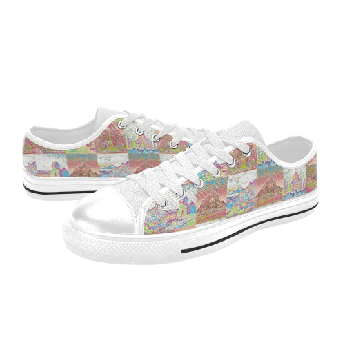 Big Pink and White World travel Collage Pattern Low Top Shoes Women's Classic Canvas Shoes (Model 018)