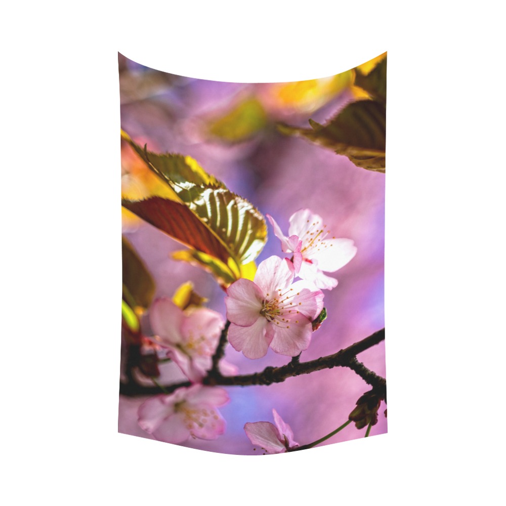 Sakura cherry flowers bloom in the secret garden. Polyester Peach Skin Wall Tapestry 90"x 60"