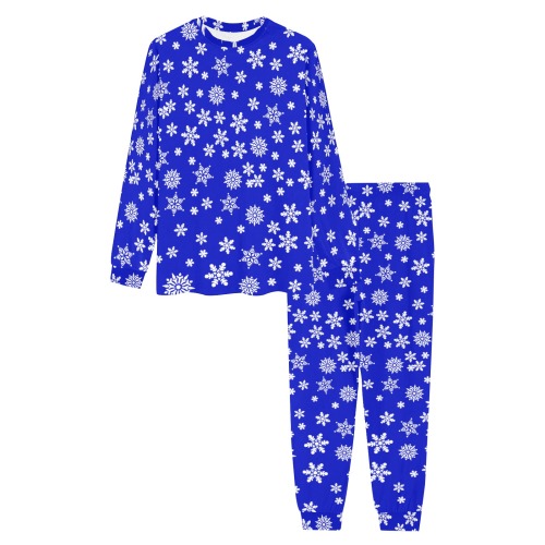 Christmas White Snowflakes on Blue Men's All Over Print Pajama Set with Custom Cuff