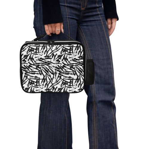 Brush Stroke Black and White PU Leather Lunch Bag (Model 1723)