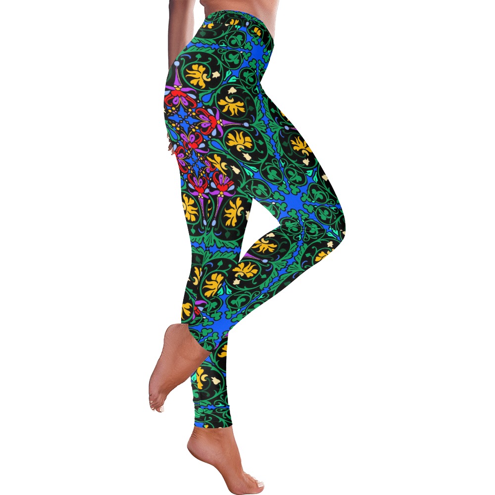 Colorful Floral Diamond Squares Women's Low Rise Leggings (Invisible Stitch) (Model L05)
