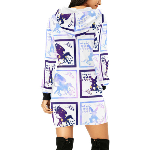 Bunny and Pegasus Together in Blue Patchwork Design All Over Print Hoodie Mini Dress (Model H27)