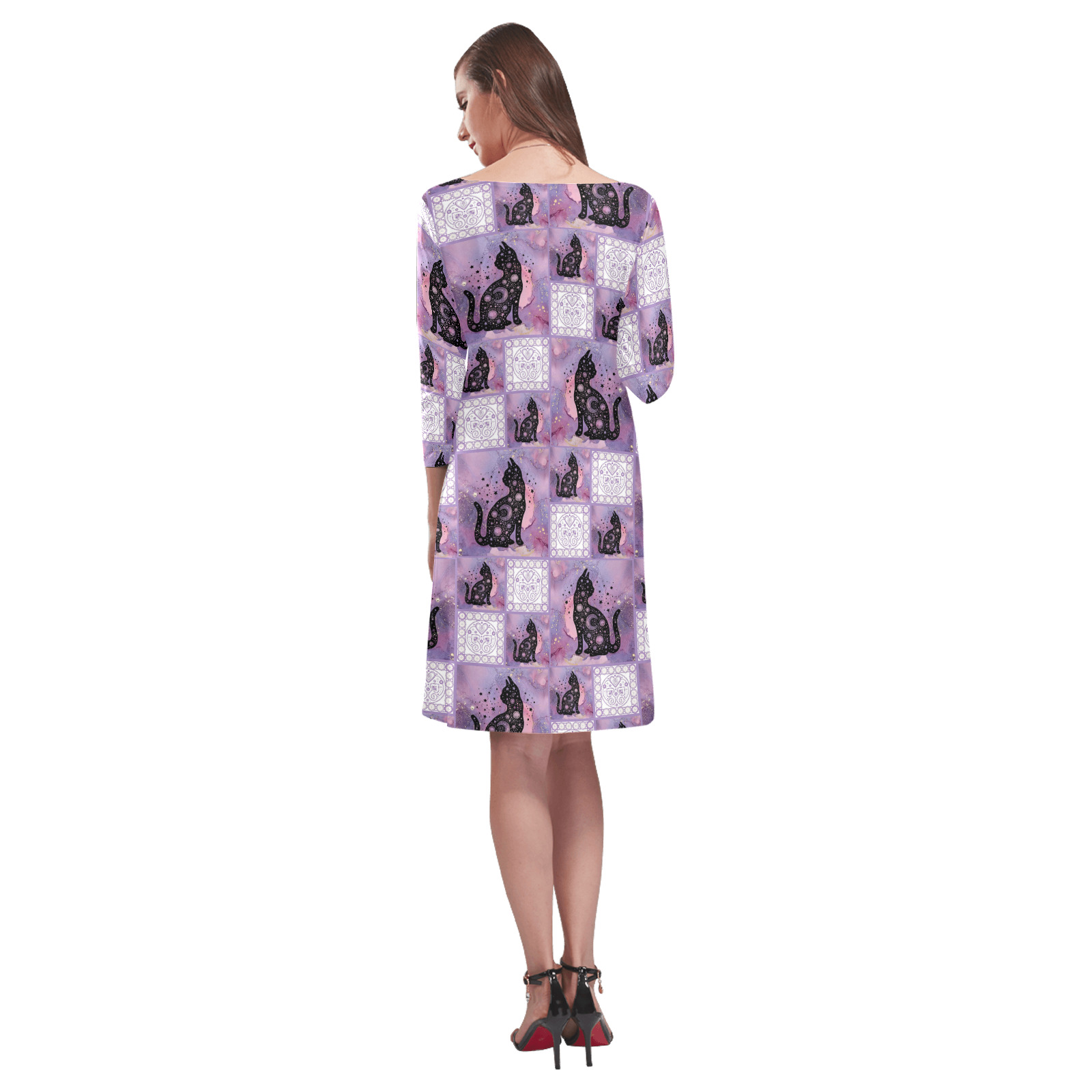 Purple Cosmic Cats Patchwork Pattern Rhea Loose Round Neck Dress(Model D22)