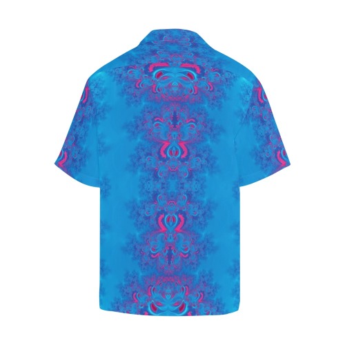 Blue Flowers on the Ocean Frost Fractal Hawaiian Shirt with Merged Design (Model T58)