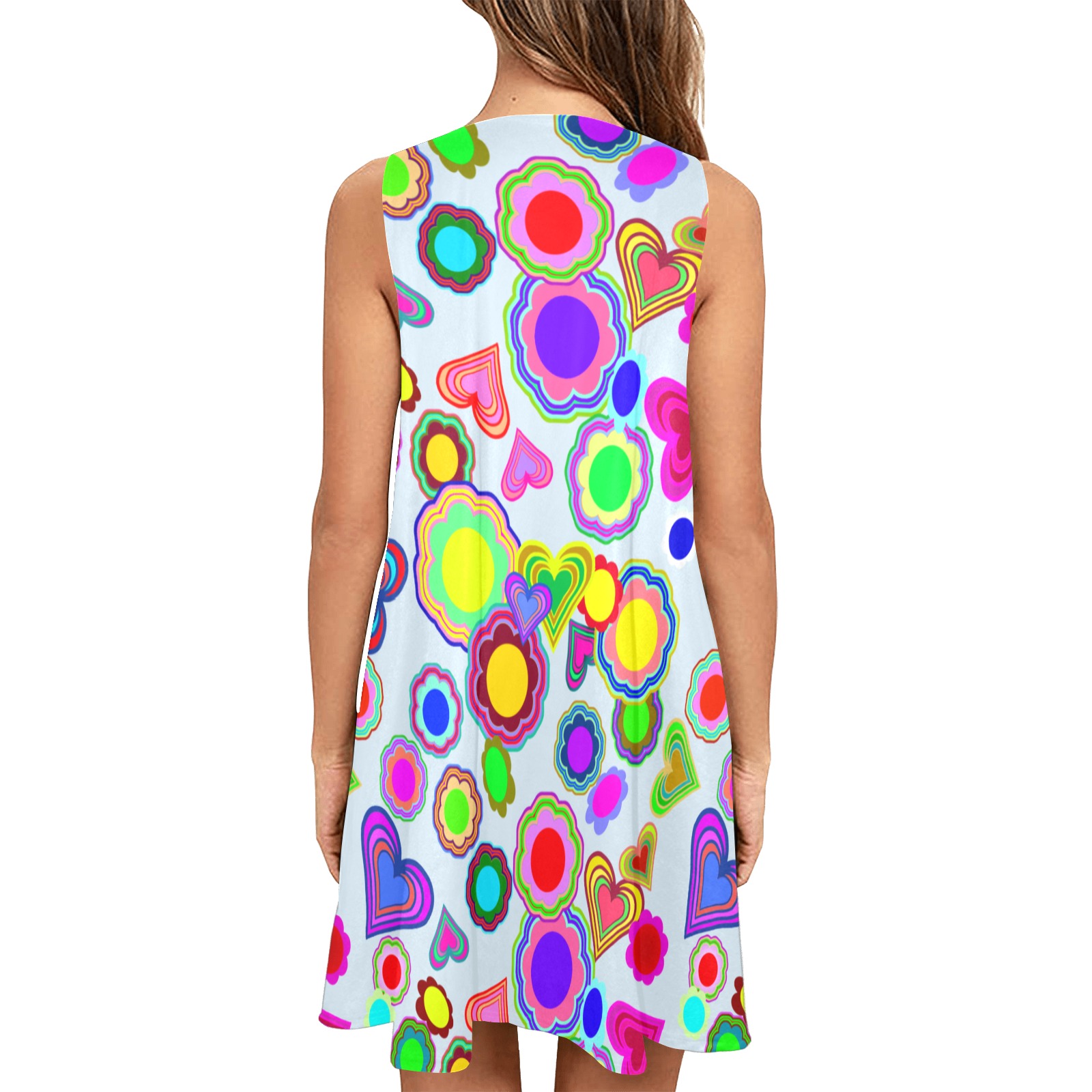 Groovy Hearts and Flowers Blue Sleeveless A-Line Pocket Dress (Model D57)