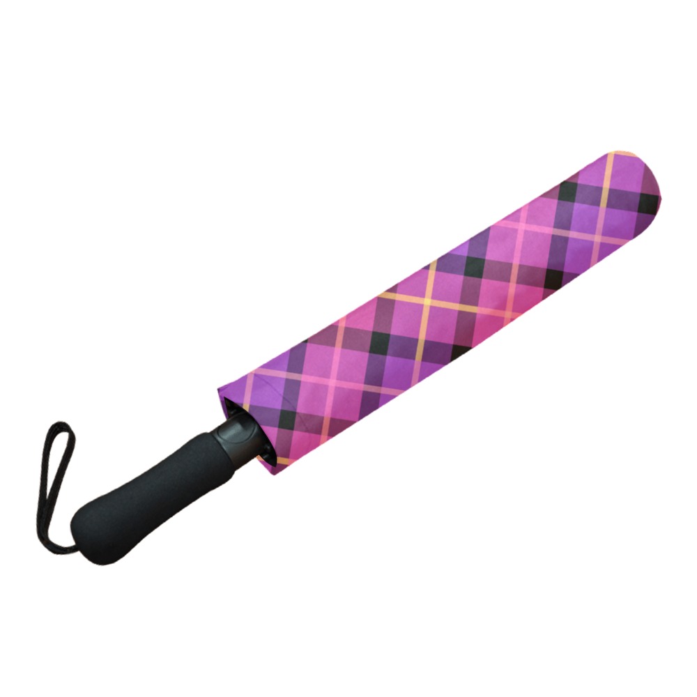 Plaid in Pink and Purple Semi-Automatic Foldable Umbrella (Model U05)