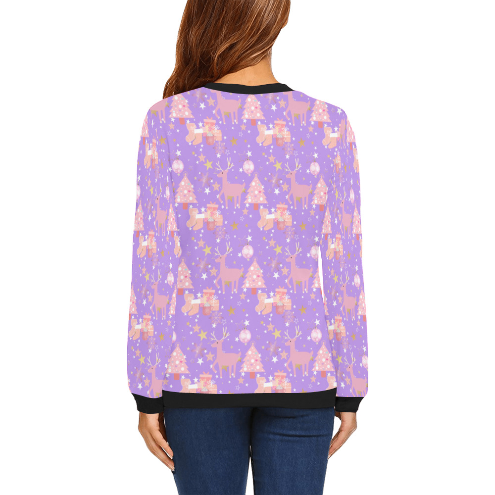 Pink and Purple and Gold Christmas Design All Over Print Crewneck Sweatshirt for Women (Model H18)