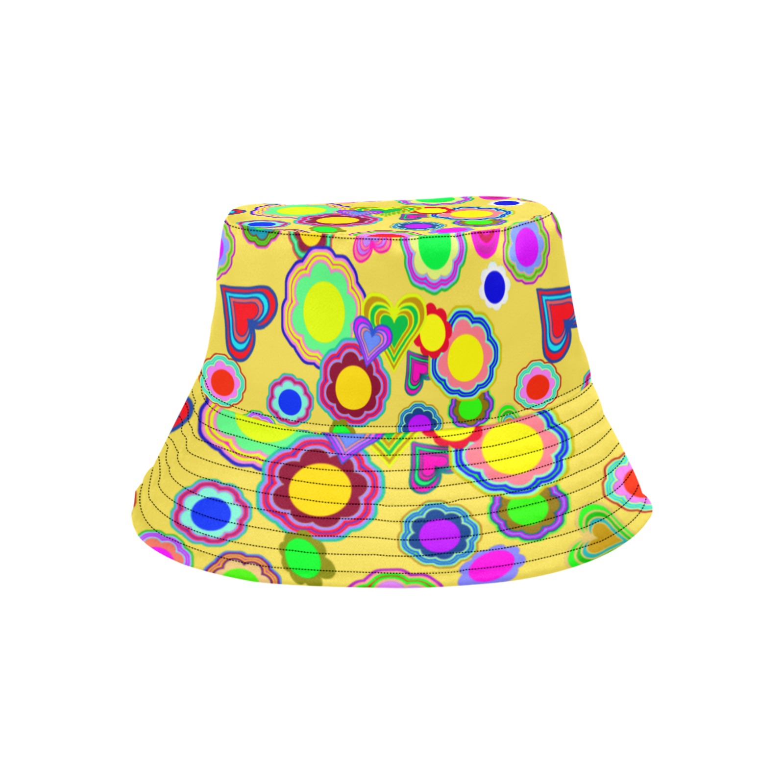 Groovy Hearts and Flowers Yellow Unisex Summer Bucket Hat