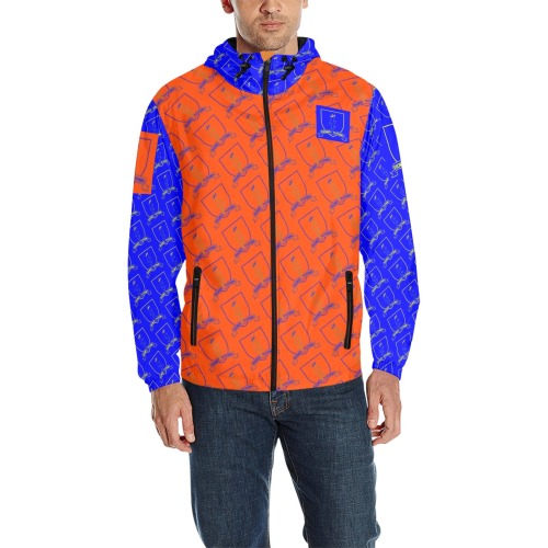 DIONIO Clothing - Orange & Blue Lightning Shield Repeat Logo Windbreaker All Over Print Quilted Windbreaker for Men (Model H35)