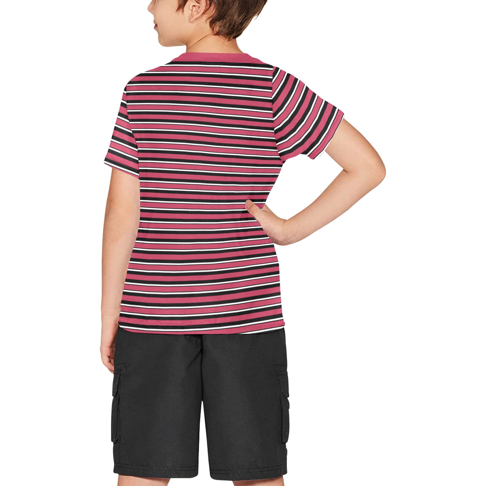 Magenta, Black and White Stripes Big Boys' All Over Print Crew Neck T-Shirt (Model T40-2)