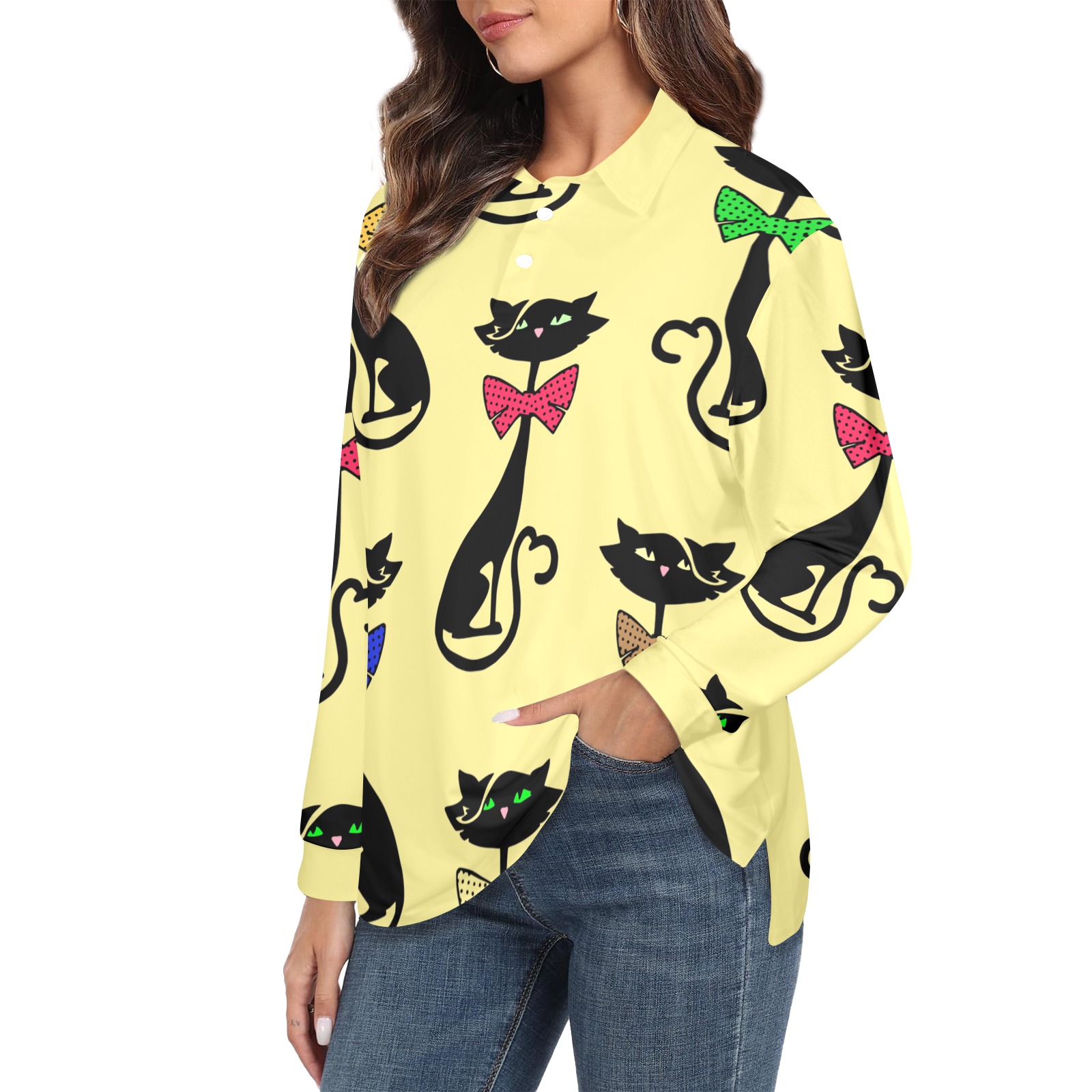 Black Cat with Bow Ties / Yellow Women's Long Sleeve Polo Shirt (Model T73)