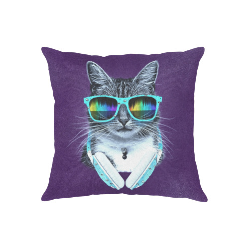 Cute Cool Cat With Headphones Linen Zippered Pillowcase 18"x18"(Two Sides)