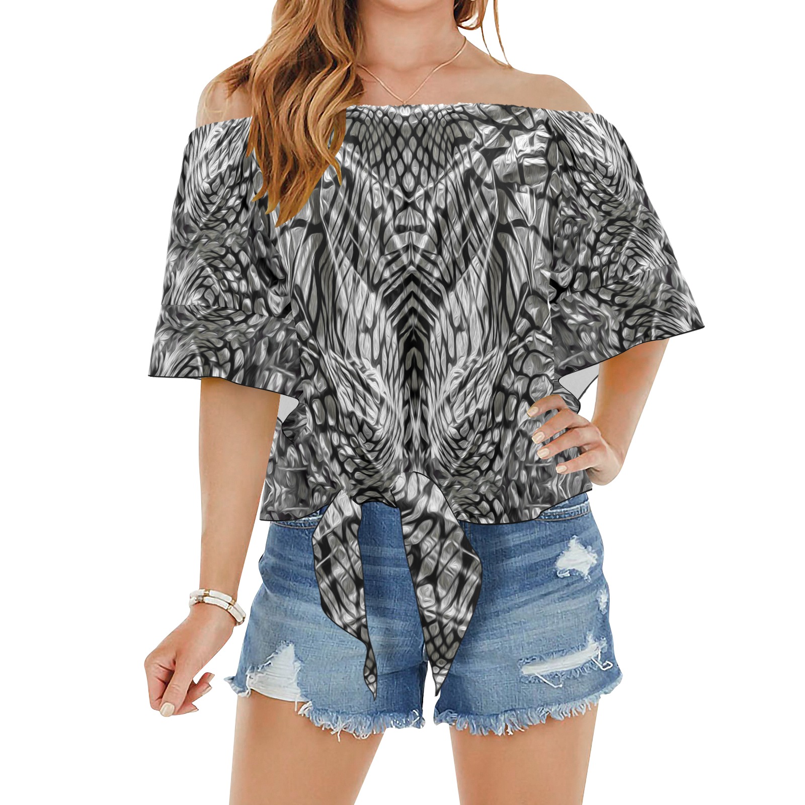 Wired silver strips Off Shoulder Knot Front Blouse (Model T71)