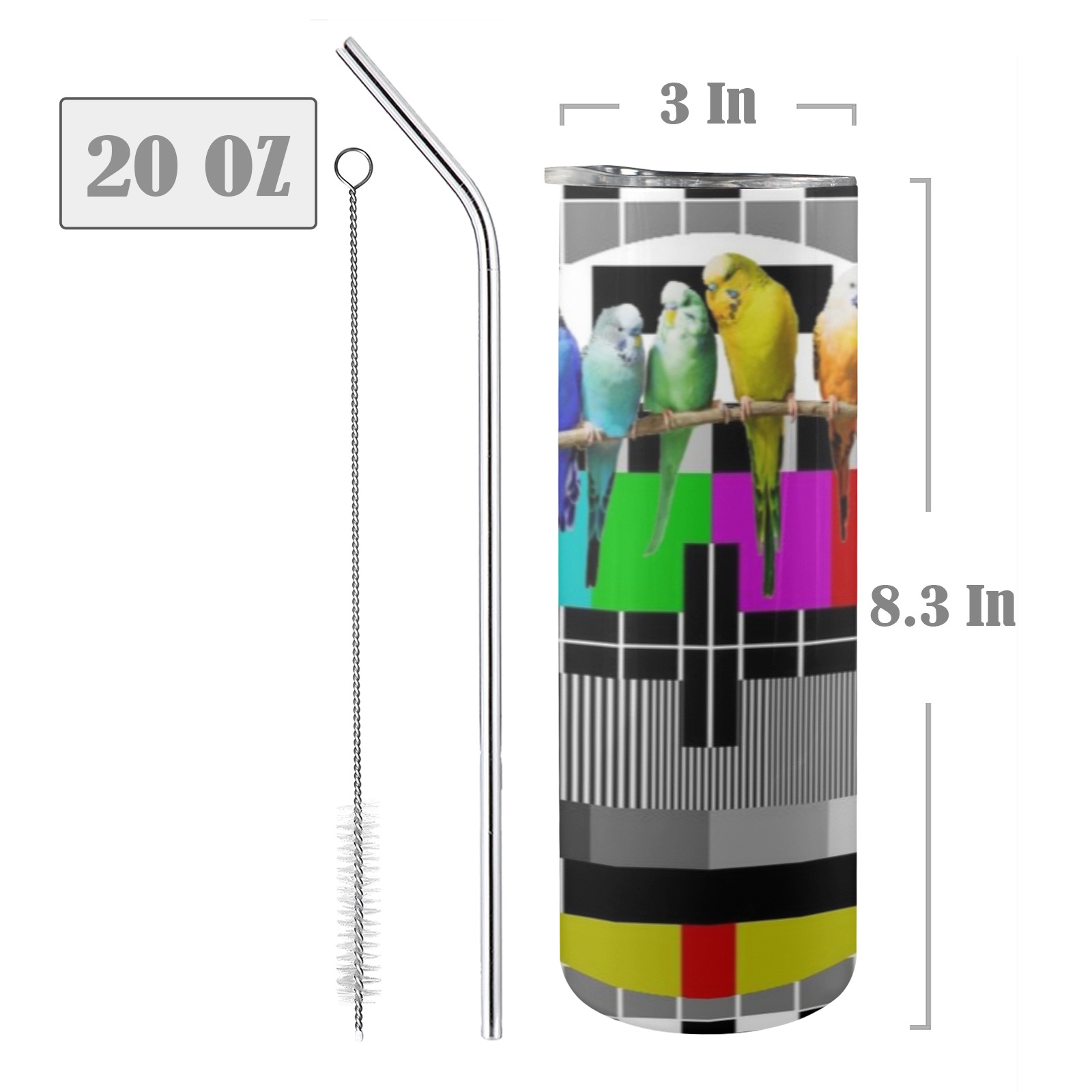 Rainbow Test Card Budgies 20oz Tall Skinny Tumbler with Lid and Straw
