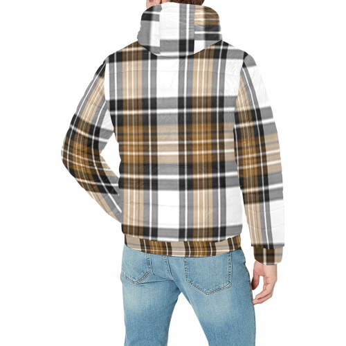 Brown Black Plaid Men's Padded Hooded Jacket (Model H42)