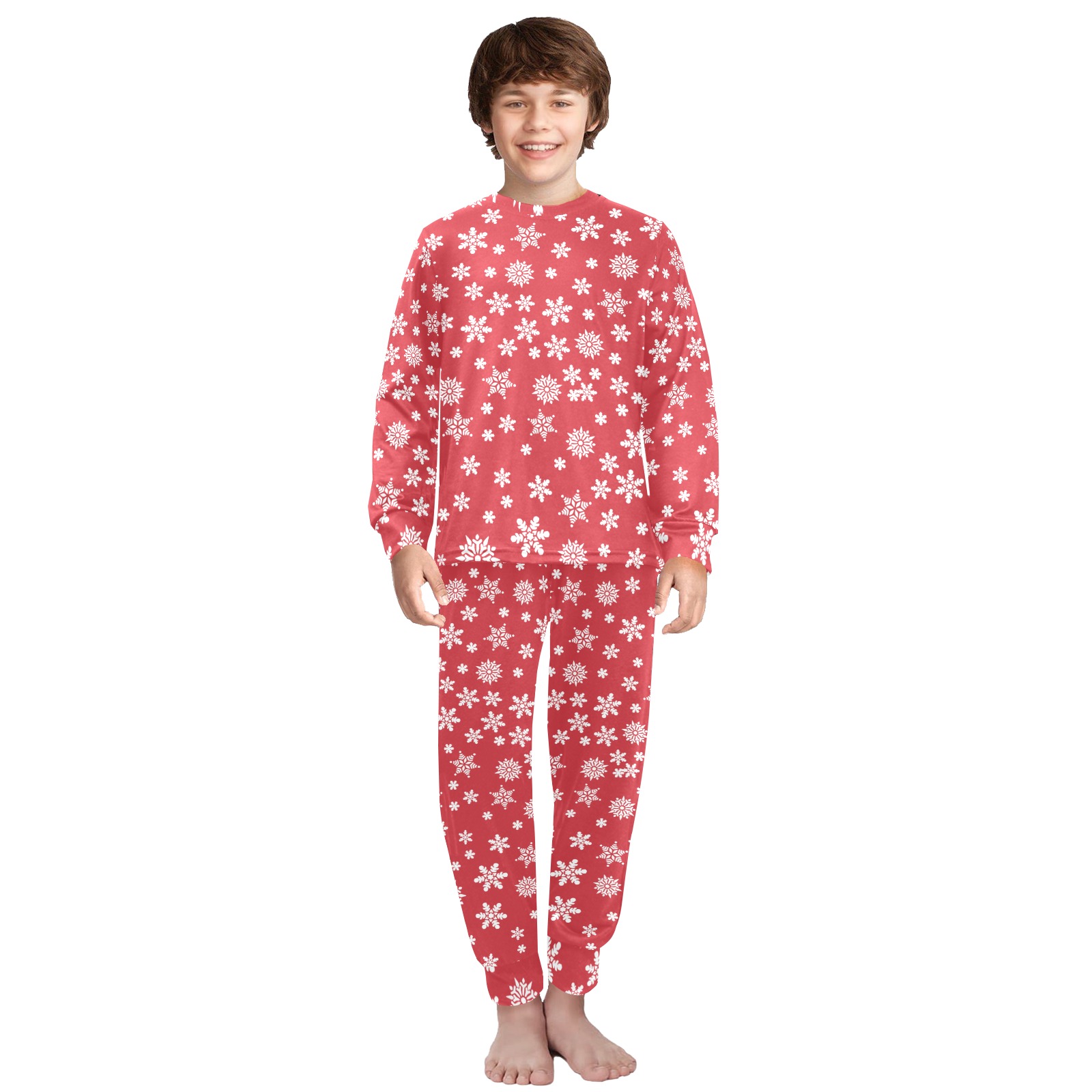 Christmas  White Snowflakes on Red Big Boys' Crew Neck Long Pajama Set