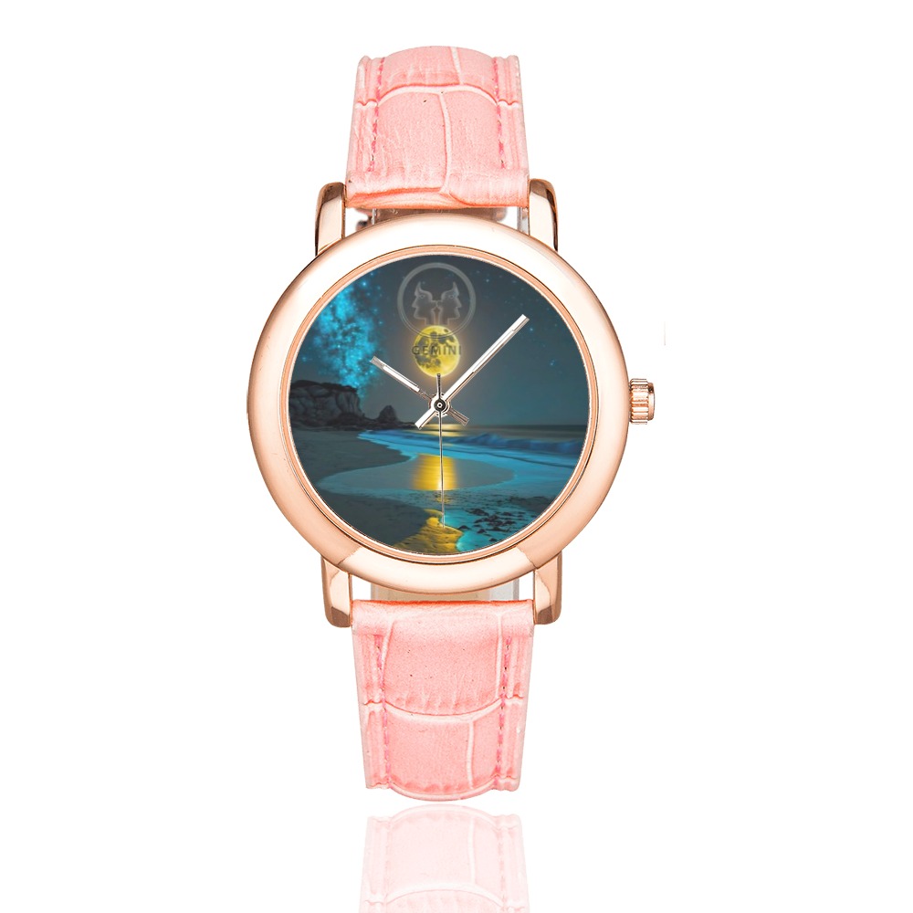 Moon with Gemini Women's Rose Gold Leather Strap Watch(Model 201)