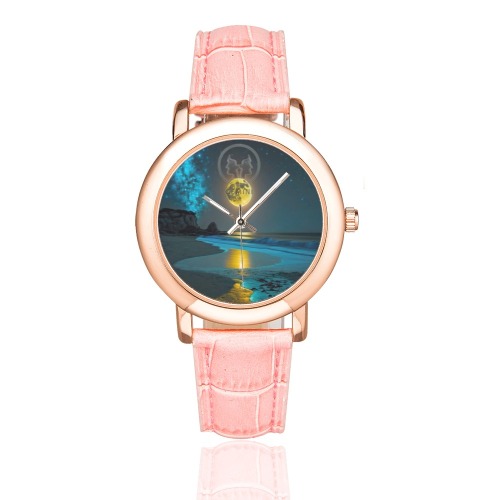 Moon with Gemini Women's Rose Gold Leather Strap Watch(Model 201)