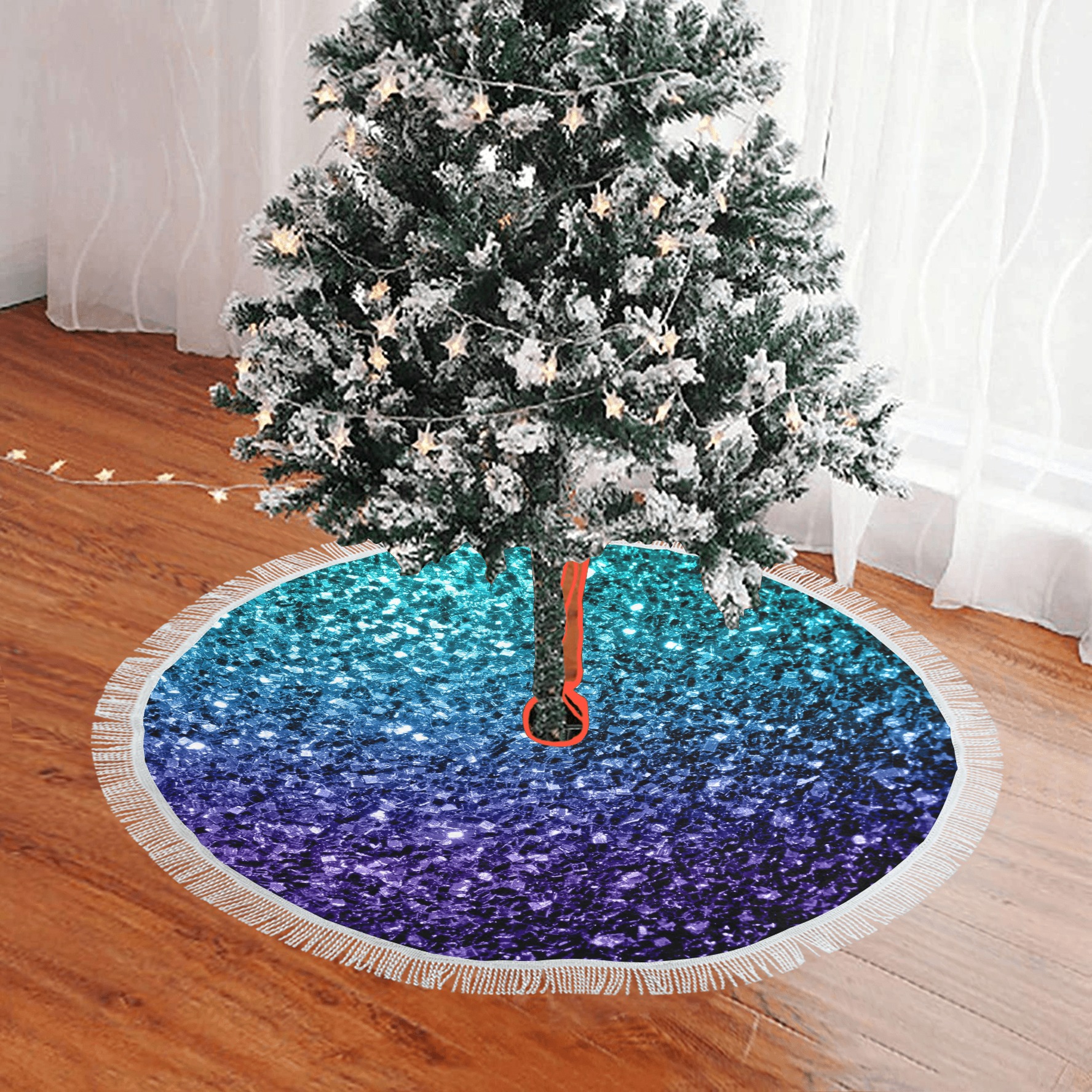 Aqua blue ombre faux glitter sparkles Thick Fringe Christmas Tree Skirt 48"x48"