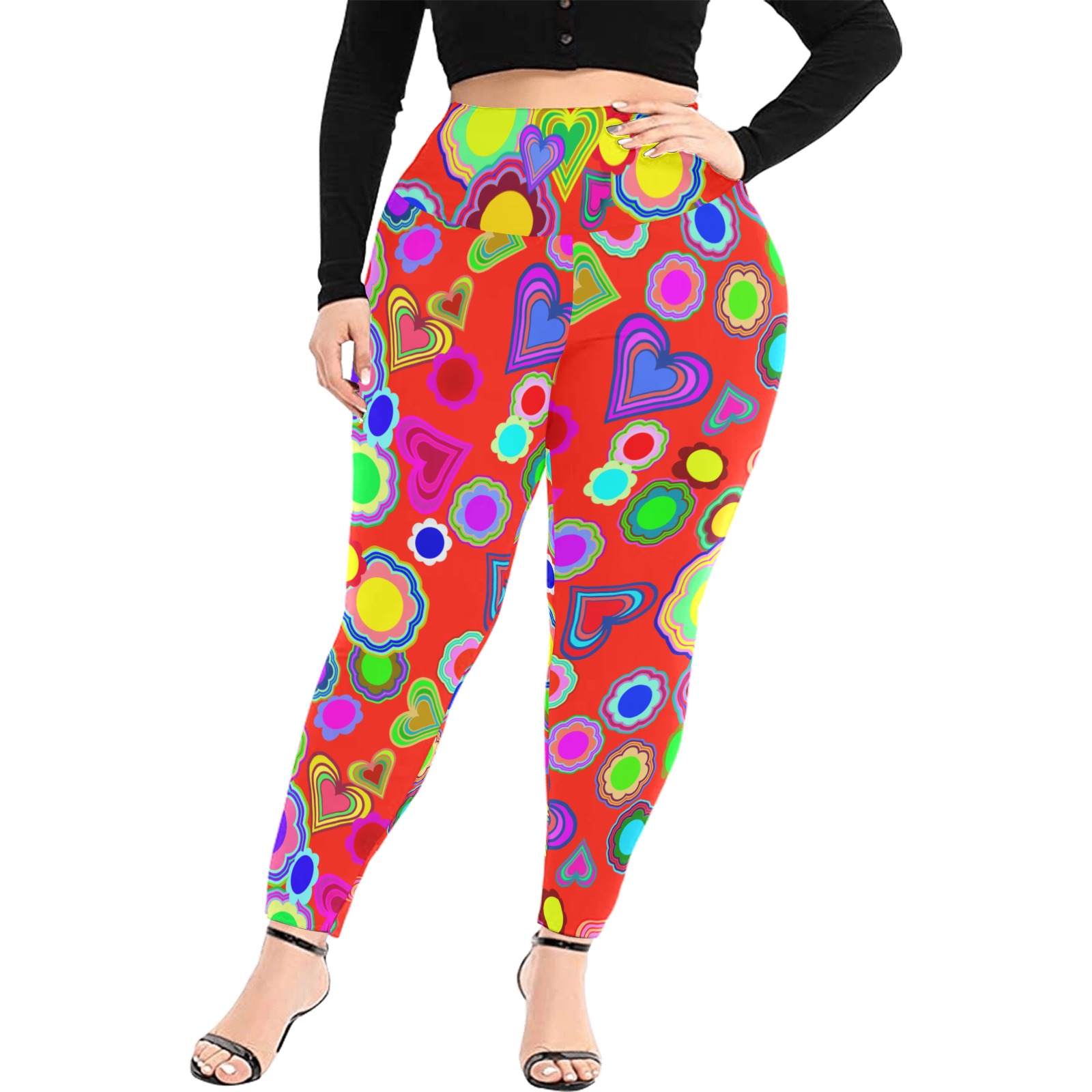 Groovy Hearts and Flowers Red Women's Extra Plus Size High Waist Leggings (Model L45)
