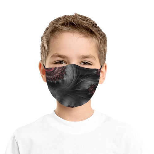 Black and Maroon Fern Fronds Fractal Abstract Pleated Mouth Mask for Kids (Model M08)