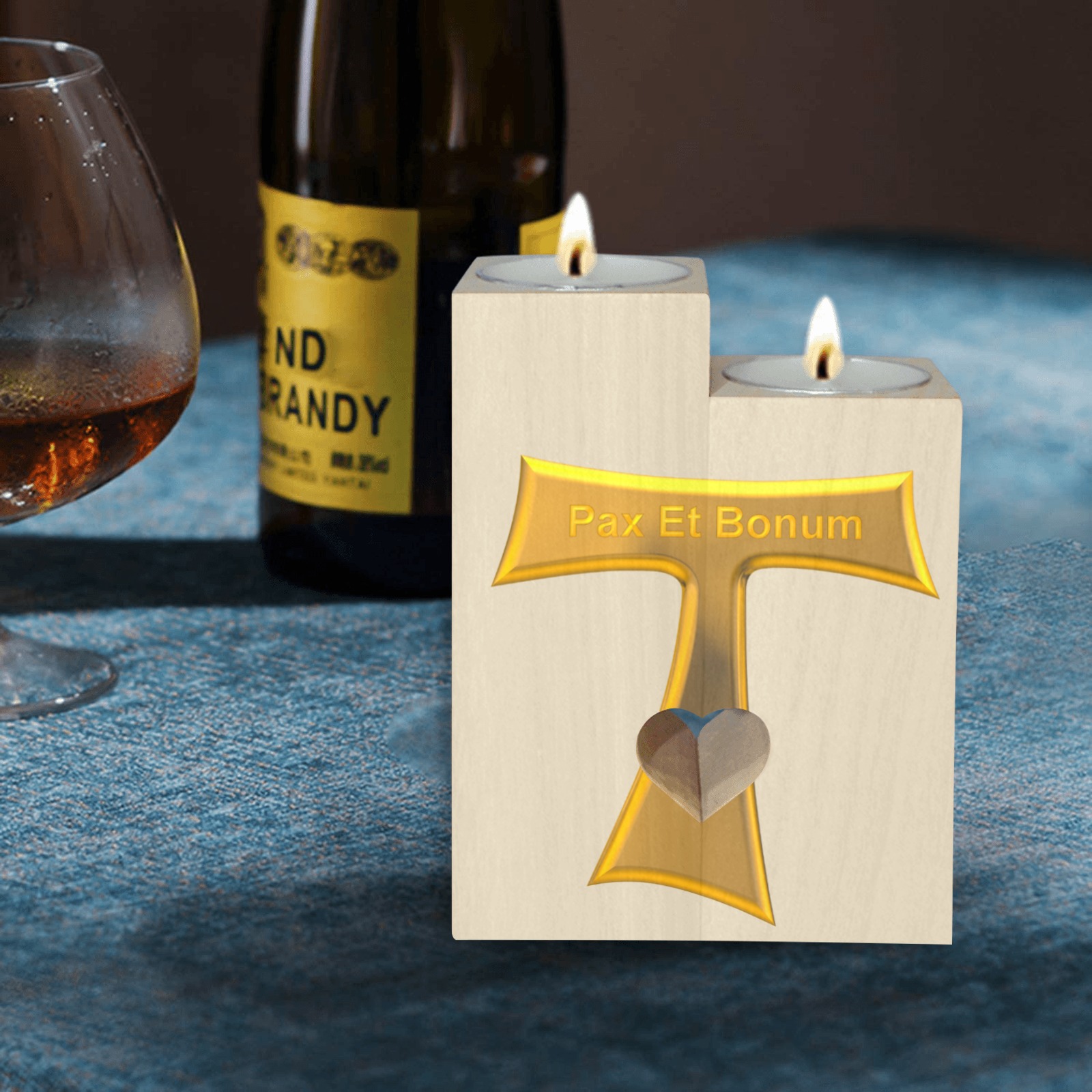 Franciscan Tau Cross Pax Et Bonum Gold  Metallic Wooden Candle Holder (Without Candle)