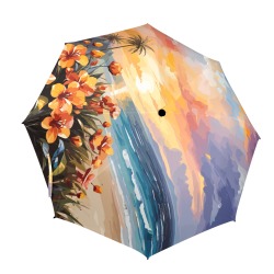 Cool ocean beach. Palms, tropical flowers, sunset. Semi-Automatic Foldable Umbrella (Model U12)