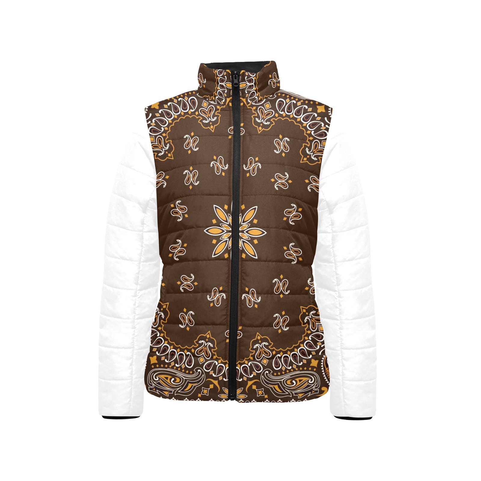 Brown Bandanna Pattern / White Women's Stand Collar Padded Jacket (Model H41)
