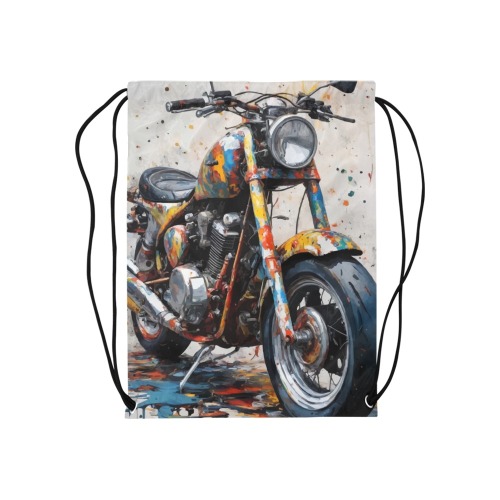 Cool vintage motorbike and splatters of colors art Medium Drawstring Bag Model 1604 (Twin Sides) 13.8"(W) * 18.1"(H)